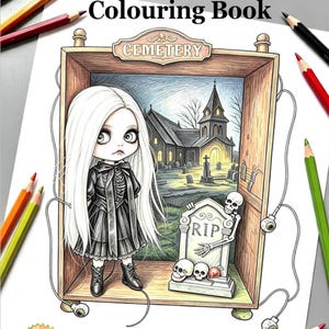 May include: A colouring book titled Sarah's dolls 'n' things Blythe doll 'Macabre' themed Colouring Book. The page features a line art illustration of a doll with long white hair in a black dress standing in a frame with a cemetery scene.