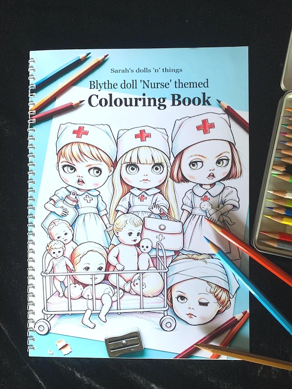 Handmade ‘Blythe doll ‘nurse’ themed colouring book, 25 A4 images to colour printed on 180gsm quality paper. From my personal photography