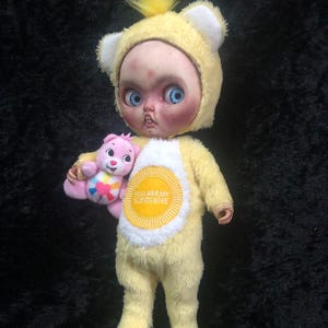 Handmade 2 piece fluffy sunshine &#39;care bear&#39; inspired outfit, bear hat and all in one body suit for 12” blythe dolls