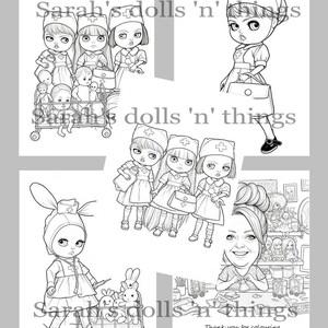 May include: A black and white coloring page featuring multiple illustrations of dolls dressed as nurses, including a doll with a medical cart, a doll with a handbag, and a portrait of a person. The text Sarah's dolls 'n' things appears repeatedly.