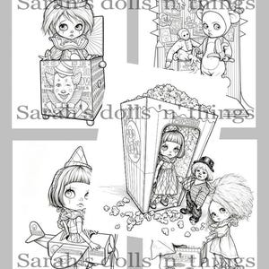 May include: A black and white digital illustration featuring four distinct scenes of dolls in circus-themed settings, including a jack-in-the-box, a monkey performer, a popcorn box, and an airplane, with the text Sarah's dolls 'n things overlaid.