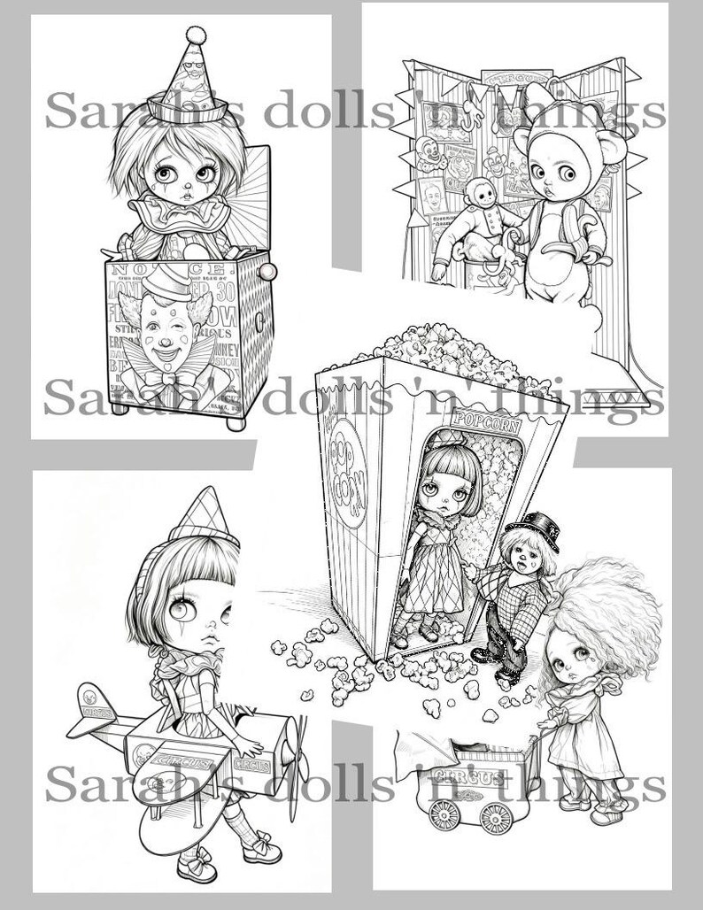 May include: A black and white digital illustration featuring four distinct scenes of dolls in circus-themed settings, including a jack-in-the-box, a monkey performer, a popcorn box, and an airplane, with the text Sarah's dolls 'n things overlaid.