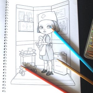May include: A spiral-bound coloring book page featuring a line art illustration of a nurse holding a doll in a medical room. The scene includes a medical cart, a first aid cabinet, and a large container labeled 35 BAND-AID. Three colored pencils lie across the page.