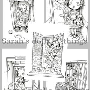 Peut inclure: Une collection de cinq illustrations en noir et blanc au trait repr&eacute;sentant des poup&eacute;es stylis&eacute;es dans divers d&eacute;cors, dont un chariot, une pi&egrave;ce avec une porte marqu&eacute;e DONT OPEN, une caf&eacute;t&eacute;ria et une cage. Le texte Sarah's dolls n things est inclus.