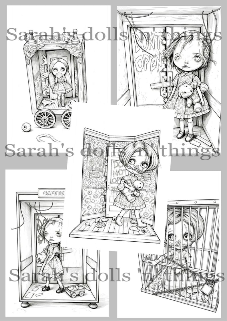Peut inclure: Une collection de cinq illustrations en noir et blanc au trait repr&eacute;sentant des poup&eacute;es stylis&eacute;es dans divers d&eacute;cors, dont un chariot, une pi&egrave;ce avec une porte marqu&eacute;e DONT OPEN, une caf&eacute;t&eacute;ria et une cage. Le texte Sarah's dolls n things est inclus.