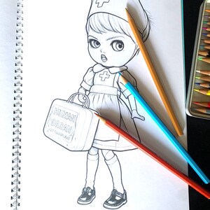 May include: A black and white coloring book page featuring a line drawing of a nurse character holding a medical bag labeled HUMAN ORGAN FOR TRANSPLANT, accompanied by three colored pencils in orange, blue, and red resting on the page.