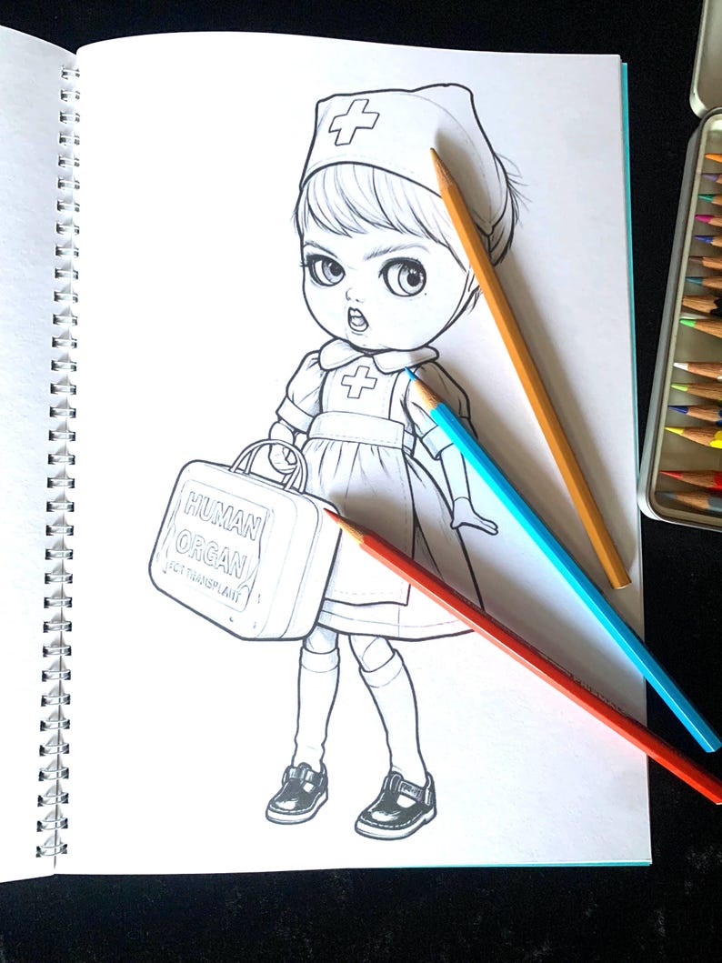 May include: A black and white coloring book page featuring a line drawing of a nurse character holding a medical bag labeled HUMAN ORGAN FOR TRANSPLANT, accompanied by three colored pencils in orange, blue, and red resting on the page.