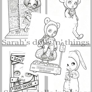 Peut inclure: Une collection d'illustrations en noir et blanc au trait repr&eacute;sentant des poup&eacute;es stylis&eacute;es et des personnages sur le th&egrave;me des zombies. Les images incluent du texte comme 'Sarah's dolls 'n' things', 'DONT', 'DEAD INSIDE', 'ZOMBIES' et 'HUMAN ORGAN FOR TRANSPLANT'.