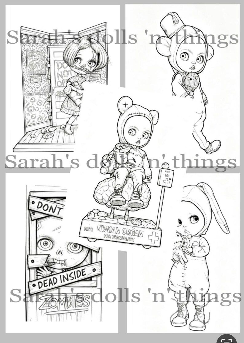 Peut inclure: Une collection d'illustrations en noir et blanc au trait repr&eacute;sentant des poup&eacute;es stylis&eacute;es et des personnages sur le th&egrave;me des zombies. Les images incluent du texte comme 'Sarah's dolls 'n' things', 'DONT', 'DEAD INSIDE', 'ZOMBIES' et 'HUMAN ORGAN FOR TRANSPLANT'.