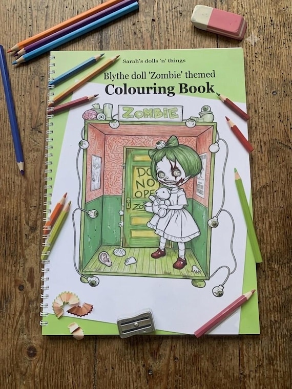 Handmade ‘Blythe doll ‘zombie’ themed colouring book, 25 A4 images to colour printed on 180gsm quality paper. From my personal photography