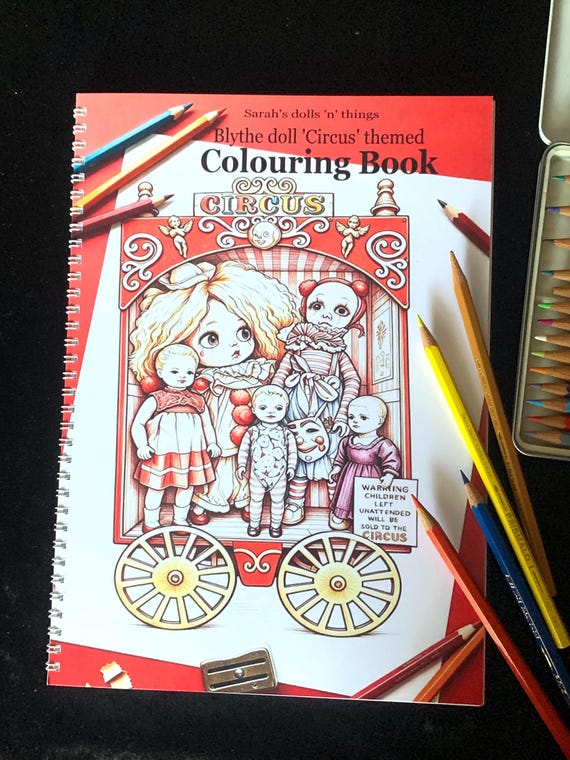Handmade ‘Blythe doll ‘circus’ themed colouring book, 25 A4 images to colour printed on 180gsm quality paper. From my personal photography