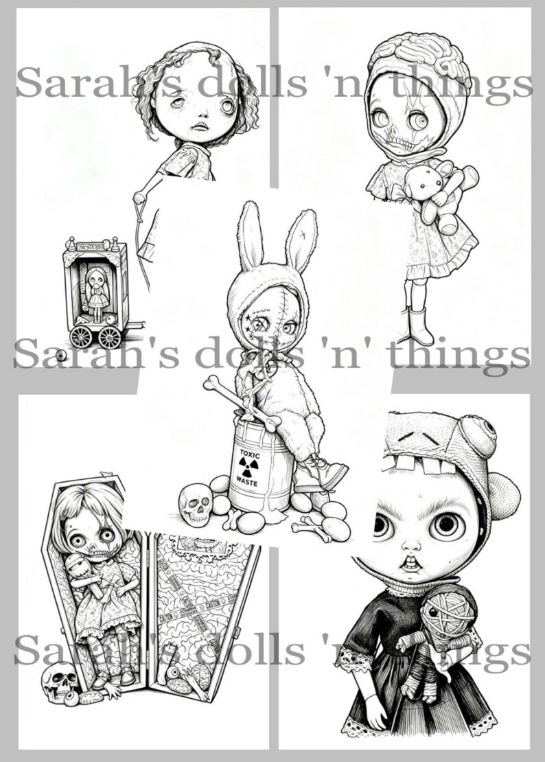 Peut inclure: Une collection d'illustrations en noir et blanc repr&eacute;sentant des poup&eacute;es et des personnages stylis&eacute;s, dont une poup&eacute;e dans un cercueil, un personnage en costume de lapin sur un baril de d&eacute;chets toxiques, avec le texte Sarah's dolls 'n things.