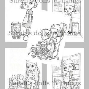 May include: A collection of black and white line art illustrations featuring dolls dressed as nurses in various hospital settings, including a nurse with a wheelchair, a nurse with a hospital cart, and a nurse with a group of smaller dolls.