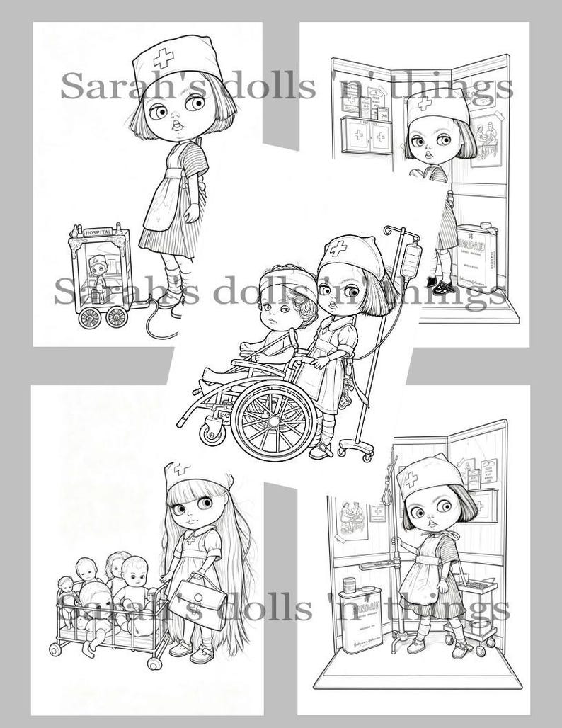 May include: A collection of black and white line art illustrations featuring dolls dressed as nurses in various hospital settings, including a nurse with a wheelchair, a nurse with a hospital cart, and a nurse with a group of smaller dolls.