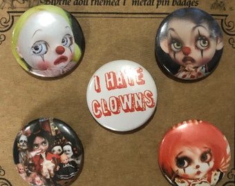 Set of 5 handmade 1” metal button badges, blythe doll ‘clown themed