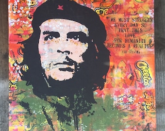 Che'eto Guevara, mixed media, original, acrylics on canvas, stencil & decoupage 40x40cm square featuring Che Guevara
