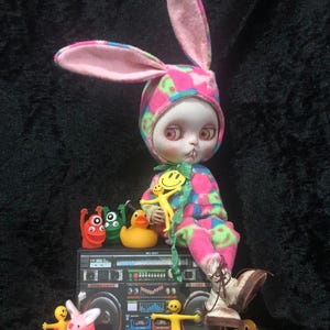 Handmade 3 piece  'Raving rabbit' outfit, hat and all in one and wooden tag for 12” blythe dolls