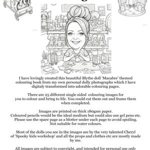 May include: A black and white coloring book titled Sarah's dolls 'n' things Blythe doll 'Macabre' themed Colouring Book. The cover features a central illustration of a person crafting surrounded by dolls, with smaller doll illustrations in the corners.