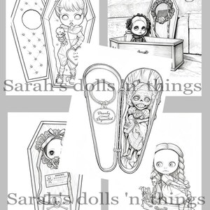 May include: A collection of black and white line art illustrations featuring dolls in coffins, including a doll holding a small toy, a doll in a coffin with a mirror, a skeletal doll with the text Dearly Departed, and a doll with a poison sign.