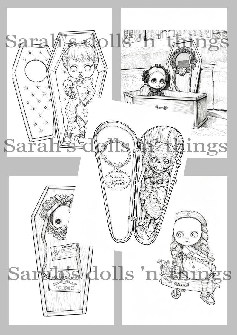 May include: A collection of black and white line art illustrations featuring dolls in coffins, including a doll holding a small toy, a doll in a coffin with a mirror, a skeletal doll with the text Dearly Departed, and a doll with a poison sign.