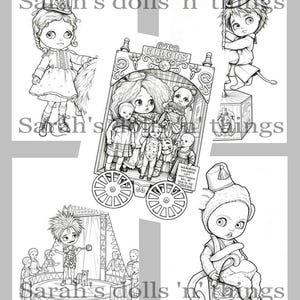May include: A black and white digital illustration featuring four distinct circus-themed scenes with dolls and characters. The text Sarah's dolls 'n' things is overlaid across the images. The scenes include a doll with a top hat, a circus wagon filled with dolls, a performer on a stage, and a monkey-like character sitting on a can labeled Pick up Monkeys.