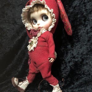 Handmade 2 piece red &#39;vintage bunny&#39; outfit, hat and all in one for 12” blythe dolls