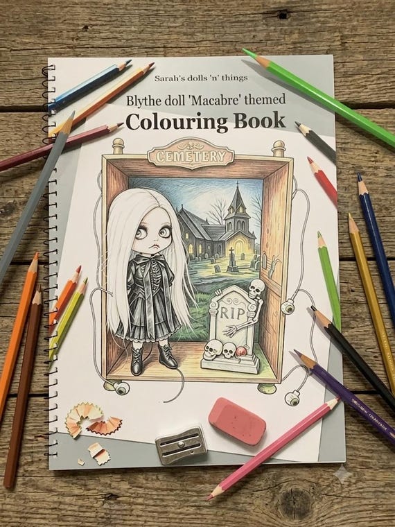 Handmade ‘Blythe doll ‘macabre’ themed colouring book, 25 A4 images to colour printed on 180gsm quality paper. From my personal photography