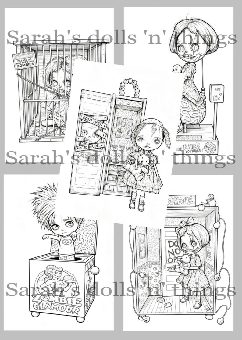 Peut inclure: Une collection de quatre illustrations en noir et blanc au trait repr&eacute;sentant des personnages stylis&eacute;s dans divers d&eacute;cors, dont un zombie en cage, une poup&eacute;e avec un ours en peluche, une bo&icirc;te &agrave; musique Zombie Glamour et un personnage.