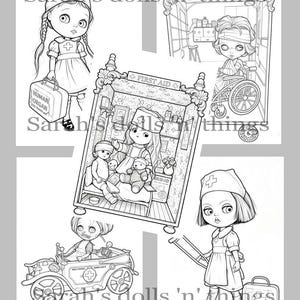 May include: A collection of five black and white line art illustrations featuring dolls in medical settings, including a nurse with a human organ case, an ambulance interior, a first aid station, a doll in a red cross ambulance, and a nurse with crutches.