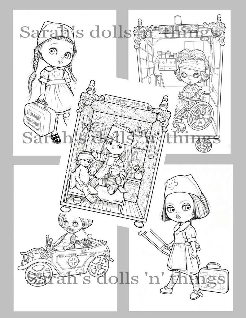 May include: A collection of five black and white line art illustrations featuring dolls in medical settings, including a nurse with a human organ case, an ambulance interior, a first aid station, a doll in a red cross ambulance, and a nurse with crutches.