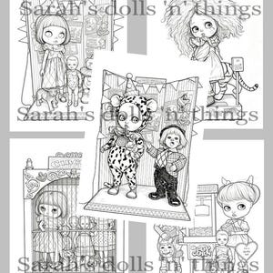 May include: A collection of five black and white line art illustrations featuring stylized dolls in circus-themed settings, with the text Sarah's dolls 'n' things overlaid across the images, depicting various characters, carnival props, and popcorn carts.