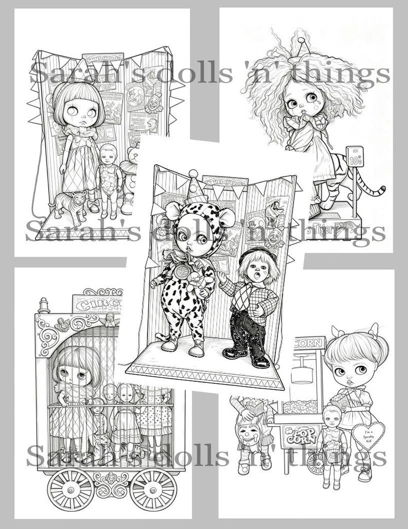 May include: A collection of five black and white line art illustrations featuring stylized dolls in circus-themed settings, with the text Sarah's dolls 'n' things overlaid across the images, depicting various characters, carnival props, and popcorn carts.
