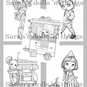 May include: A collection of black and white line art illustrations featuring stylized dolls and carnival-themed carts. The drawings include a doll in a jester hat, a monkey-costumed figure, a cotton candy stand, and a doll pulling a toy giraffe cage.
