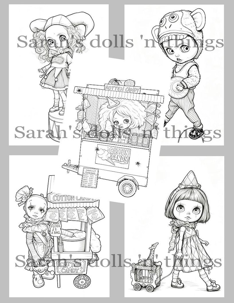 May include: A collection of black and white line art illustrations featuring stylized dolls and carnival-themed carts. The drawings include a doll in a jester hat, a monkey-costumed figure, a cotton candy stand, and a doll pulling a toy giraffe cage.
