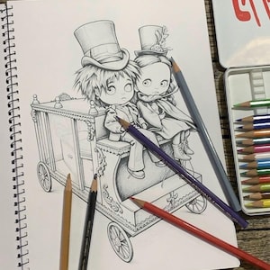 May include: A black and white line drawing in a spiral-bound sketchbook depicts two figures with large eyes wearing top hats, sitting atop an ornate carriage. Several colored pencils in shades of red, purple, gray, black, and tan are placed across the page.