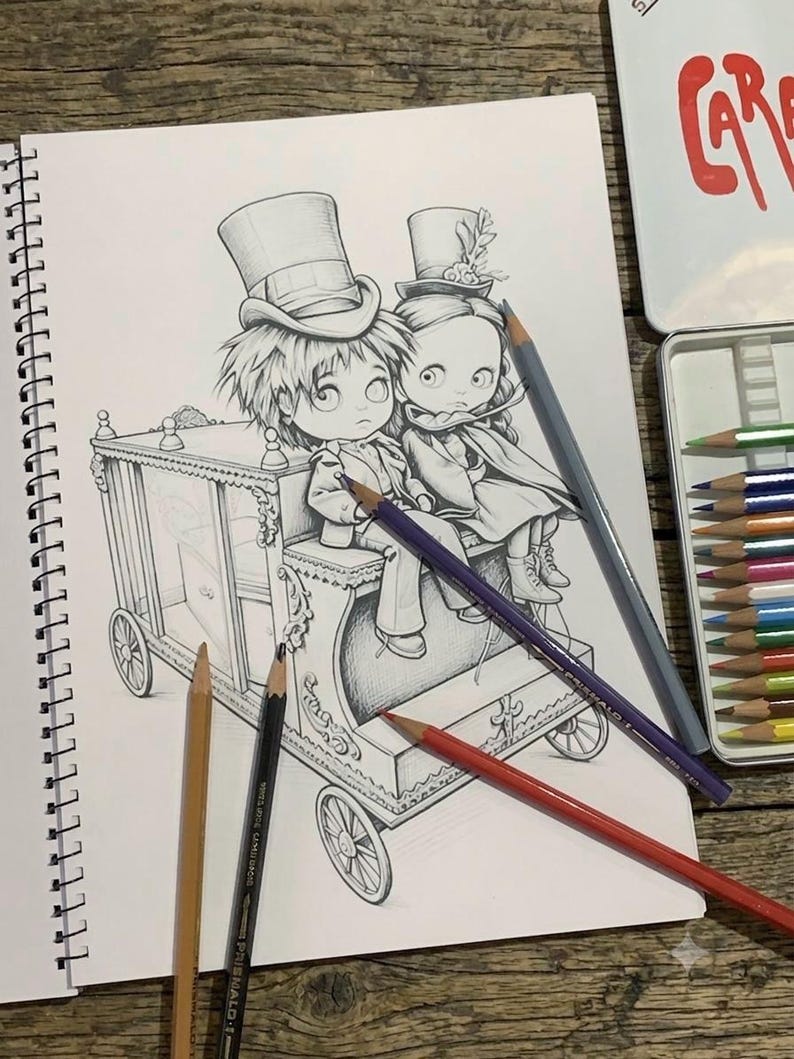 May include: A black and white line drawing in a spiral-bound sketchbook depicts two figures with large eyes wearing top hats, sitting atop an ornate carriage. Several colored pencils in shades of red, purple, gray, black, and tan are placed across the page.