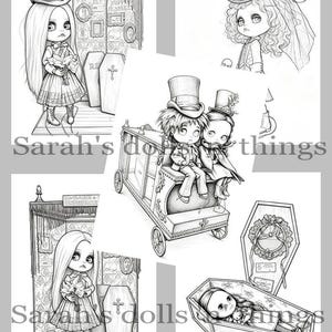 May include: A collection of black and white line art illustrations featuring gothic-style dolls in various scenes, including a doll in a top hat holding flowers, a doll in a veil, two dolls on a carriage, and a doll lying inside a coffin.