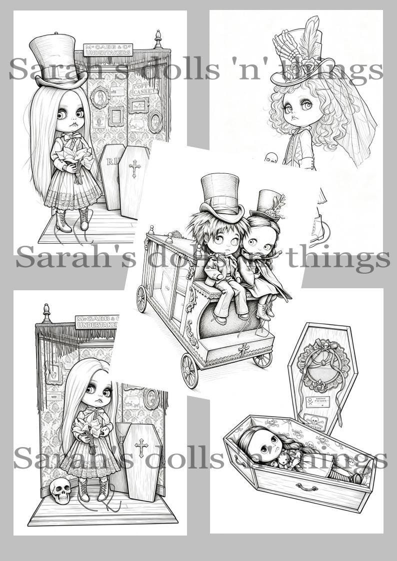 May include: A collection of black and white line art illustrations featuring gothic-style dolls in various scenes, including a doll in a top hat holding flowers, a doll in a veil, two dolls on a carriage, and a doll lying inside a coffin.