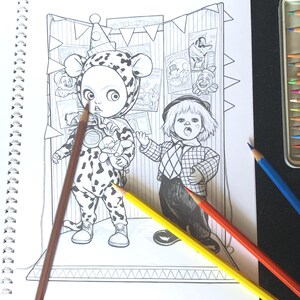 May include: A spiral-bound coloring book page featuring a black and white line art illustration of two circus-themed characters standing in front of a tent backdrop with posters. Three colored pencils in brown, yellow, and red rest on the page.