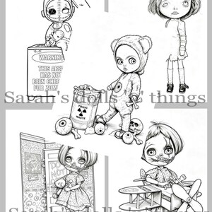 Peut inclure: Une feuille d'illustration num&eacute;rique en noir et blanc pr&eacute;sentant cinq personnages distincts : une poup&eacute;e aux oreilles de lapin cousues, une fille aux grands yeux, un personnage en costume d'ours avec un baril de d&eacute;chets toxiques et un avion.
