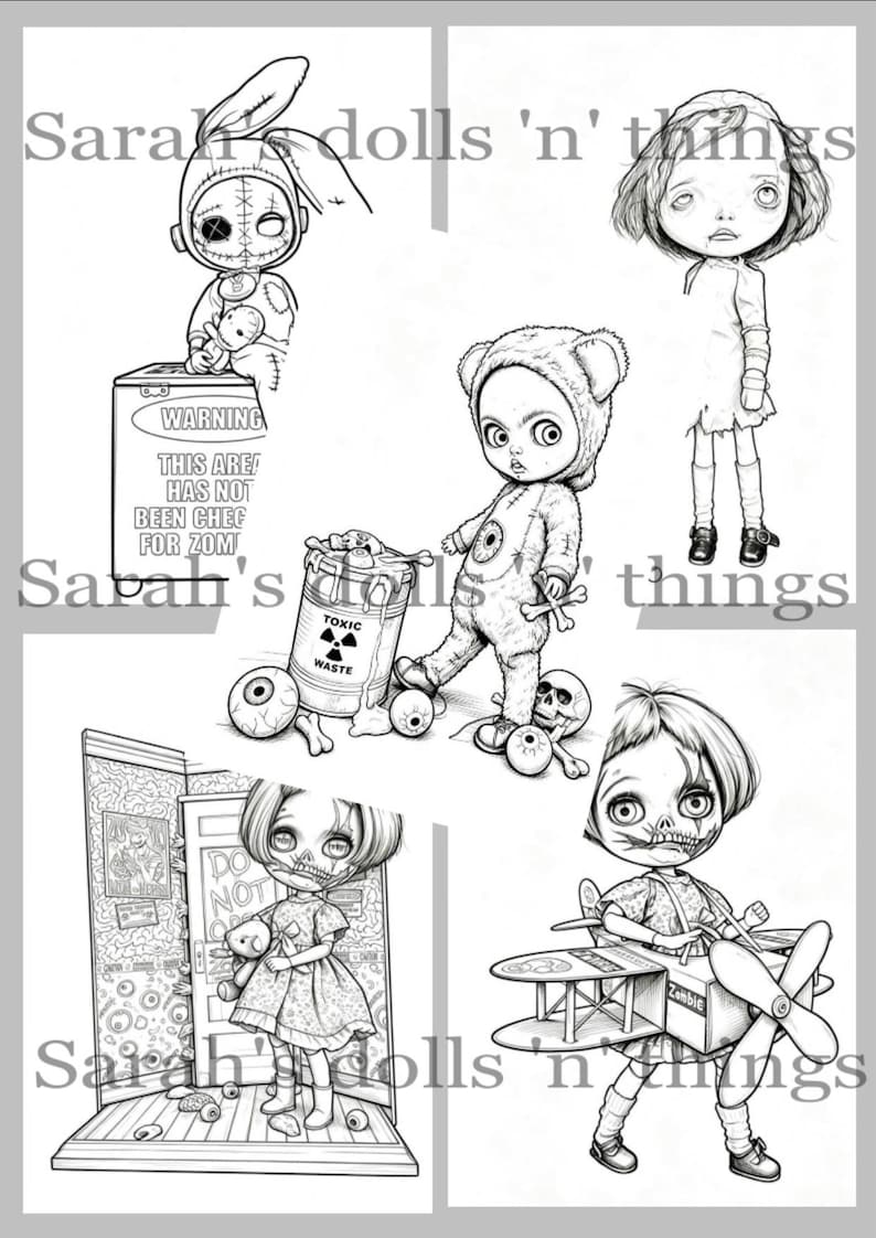 Peut inclure: Une feuille d'illustration num&eacute;rique en noir et blanc pr&eacute;sentant cinq personnages distincts : une poup&eacute;e aux oreilles de lapin cousues, une fille aux grands yeux, un personnage en costume d'ours avec un baril de d&eacute;chets toxiques et un avion.