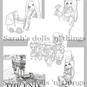 May include: A collection of black and white line art illustrations featuring stylized dolls in various scenes, including a doll with a carriage, a doll on a carousel horse, a group near a carriage, a hearse, and a doll with a skull and book.