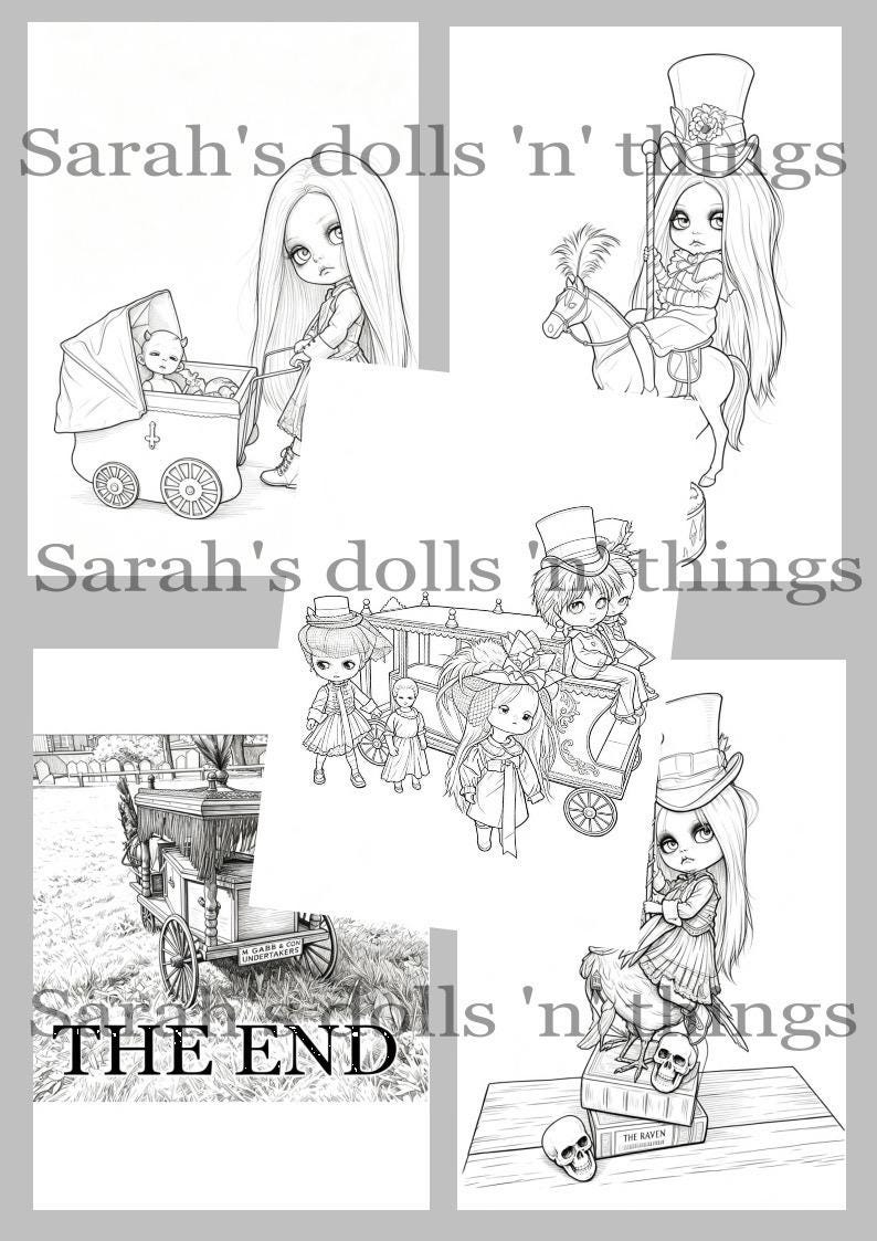 May include: A collection of black and white line art illustrations featuring stylized dolls in various scenes, including a doll with a carriage, a doll on a carousel horse, a group near a carriage, a hearse, and a doll with a skull and book.