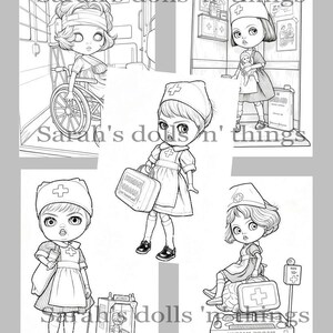 May include: A collection of five black and white line art illustrations featuring dolls dressed as nurses in various medical settings, each labeled with the text Sarah's dolls 'n' things, including scenes with wheelchairs, medical supplies, and organ transport cases.