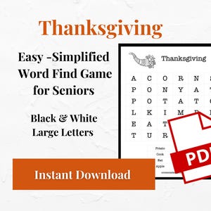 Op de afbeelding: Thanksgiving woordzoeker spel voor senioren. De zwart-wit puzzel heeft grote letters en een lijst met woorden om te vinden. De afbeelding bevat de tekst "Direct downloaden" en een PDF-pictogram.