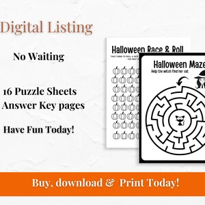 May include: A digital listing for 16 Halloween-themed puzzle sheets and 3 answer key pages. The listing includes a black and white illustration of a maze with a witch and a cat, and a pumpkin race and roll game.