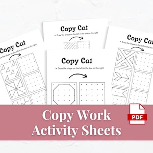 以下が含まれることがあります： 「Copy Cat」というタイトルと「左側の形を右側の箱に描きなさい」という指示が書かれた、白黒の印刷可能なワークシートが3枚あります。各ワークシートには、コピーする異なる幾何学的な形が描かれています。