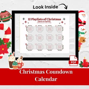May include: A Christmas Countdown Calendar with the text "12 Playlists of Christmas" and "Opens on Spotify". The calendar has 12 squares with decorative borders. Festive illustrations of a candy cane, sweater, and Santa are included.