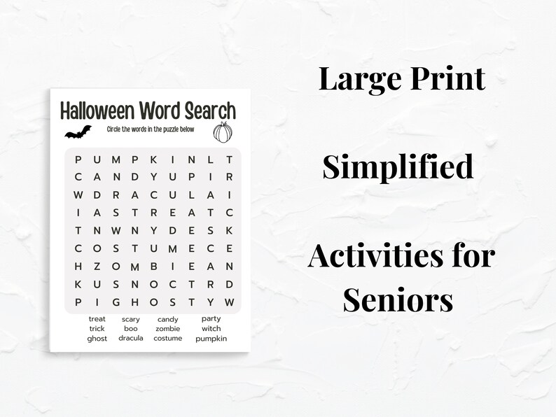 May include: A black and white Halloween word search puzzle with the words "PUMPKIN", "CANDY", "DRACULA", "TREAT", "WITCH", "ZOMBIE", "COSTUME", "GHOST", "BOO", "SCARY", "PARTY", and "TRICK" to find. The puzzle is labeled "Halloween Word Search" and has a bat and pumpkin graphic.