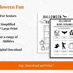 May include: Black and white printable Halloween word scramble activity for seniors. The activity includes a word search puzzle and a word scramble. The words are: "vedil", "tob", "tolhw", "stogh", "beomiz", and "Ipukmon".